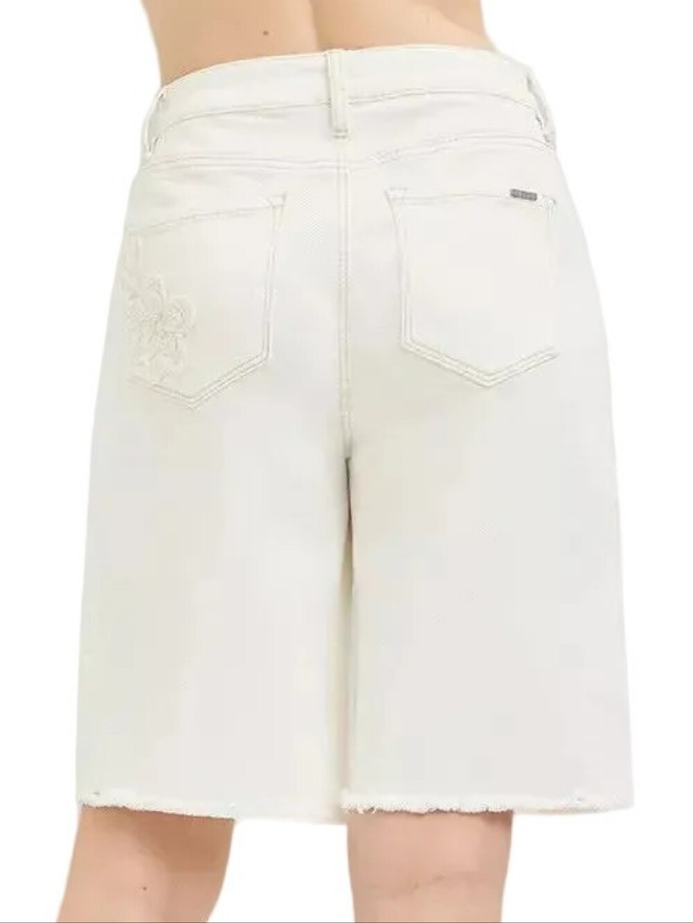 Risen Floral Embroidered Relaxed Fit Bermuda Baggy Jorts Long Cream Denim Shorts - Picture 4 of 13